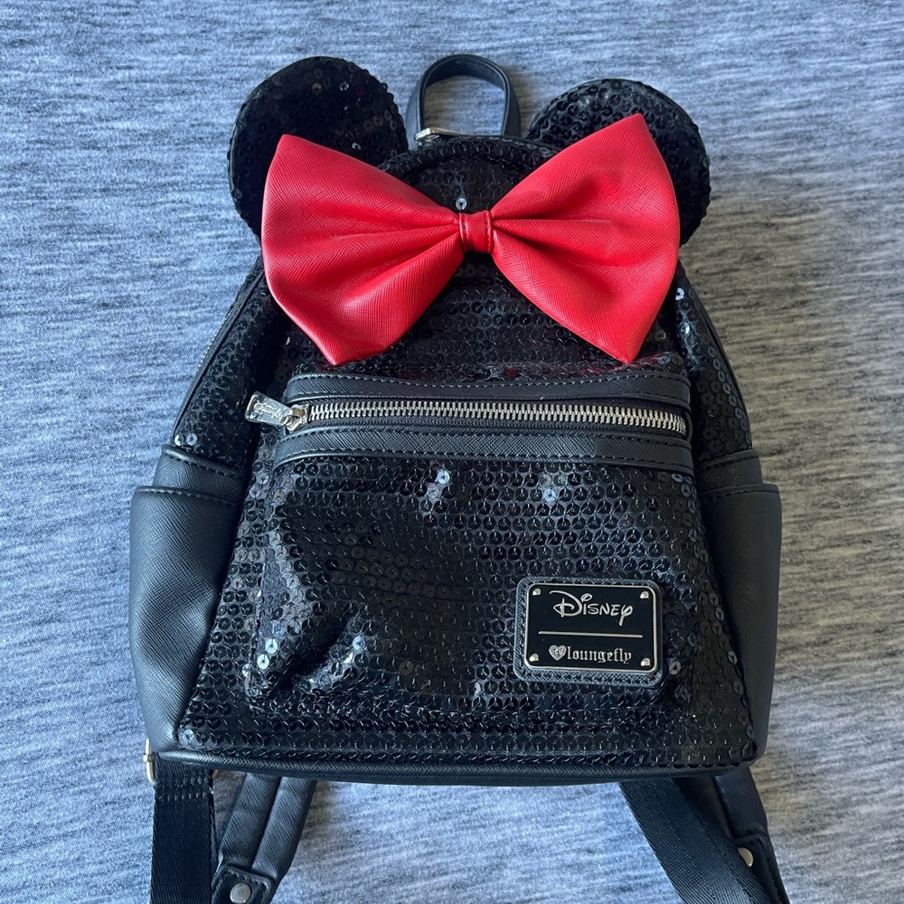 Disney Loungefly Black Sequin Backpack with Red Bow